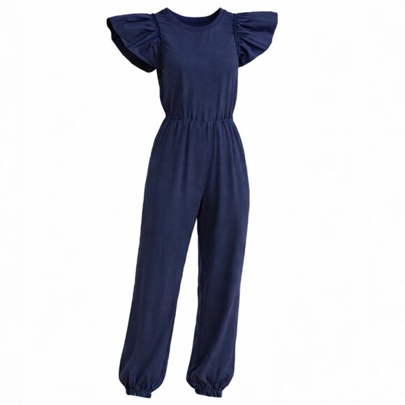 Sundays Navy Blue Flutter Sleeve Elasticized Hem Jumpsuit Size Small - Picture 3 of 8